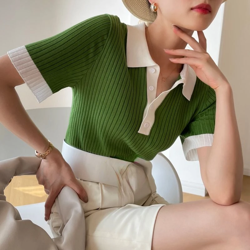 Вязаная футболка контрастного цвета для женщин, весна-лето, корейская мода, шикарная Ropa De Mujer, простые короткие майки
Вязаная футболка контрастного цвета для женщин, весна-лето, корейская мода, шикарная Ropa De Mujer, простые короткие майки