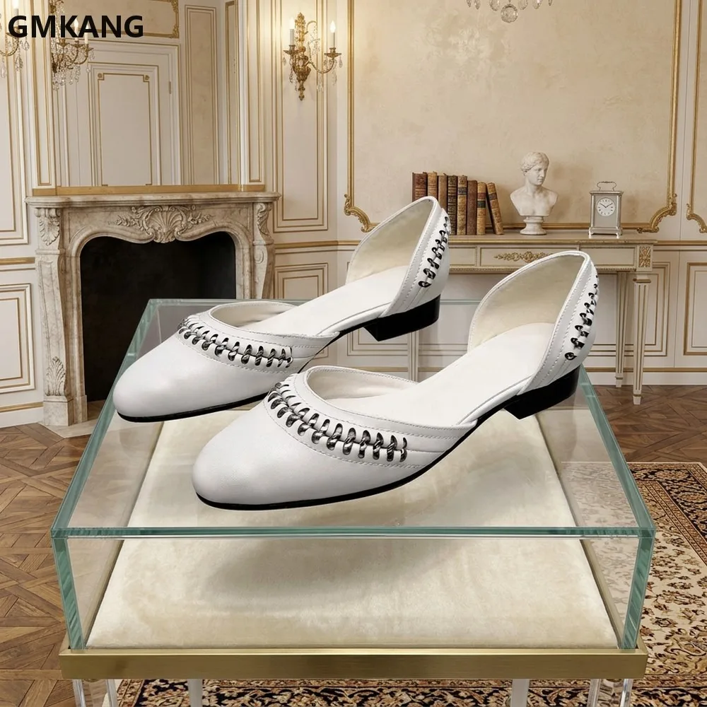 Women's Soft Leather Metal Woven Chain Loafers Round Toe Slip On Low Heel Shoes Casual Side Cut Out Flat Sandals Summer
Women's Soft Leather Metal Woven Chain Loafers Round Toe Slip On Low Heel Shoes Casual Side Cut Out Flat Sandals Summer