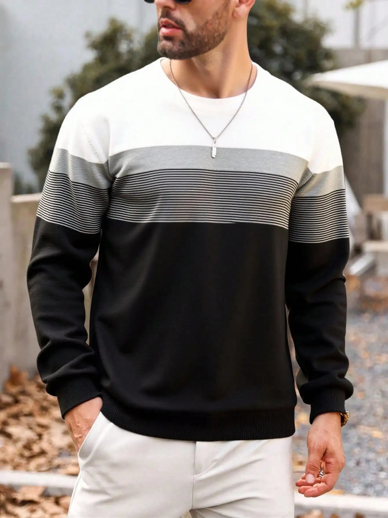 Мужской вязаный свитер с круглым вырезом, в полоску, с цветовыми блоками, с длинными рукавами, для повседневной носки осенью и зимой
Мужской вязаный свитер с круглым вырезом, в полоску, с цветовыми блоками, с длинными рукавами, для повседневной носки осенью и зимой