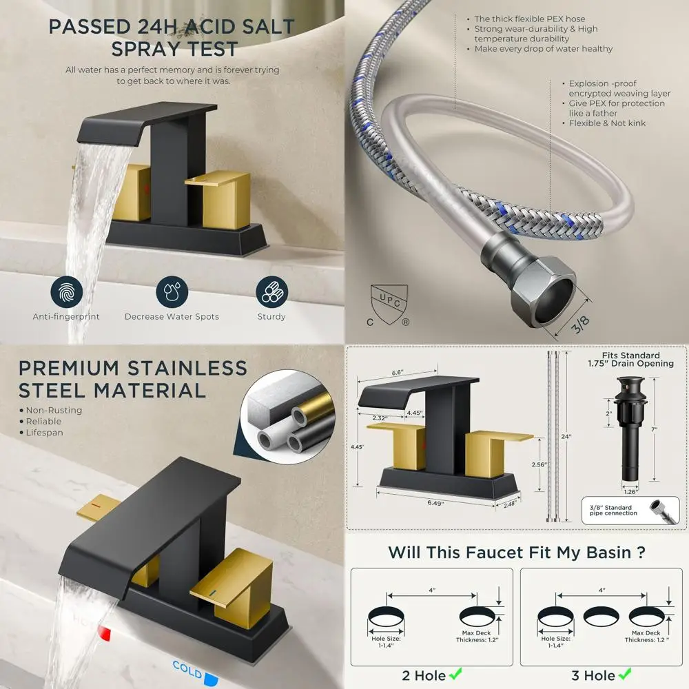 Matte Black & Gold 2-Handle Centerset Bathroom Faucet with Pop-Up Drain for 4-Inch Sinks, Ideal for Vanity Remodel
Matte Black & Gold 2-Handle Centerset Bathroom Faucet with Pop-Up Drain for 4-Inch Sinks, Ideal for Vanity Remodel