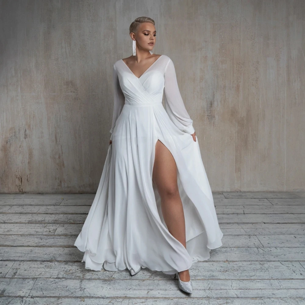 Plus Size Chiffon Wedding Dress V Neck Long Sleeve High Slit Beach White Bridal Gown Sweep Train Simple Custom Свадебное платье
Plus Size Chiffon Wedding Dress V Neck Long Sleeve High Slit Beach White Bridal Gown Sweep Train Simple Custom Свадебное платье