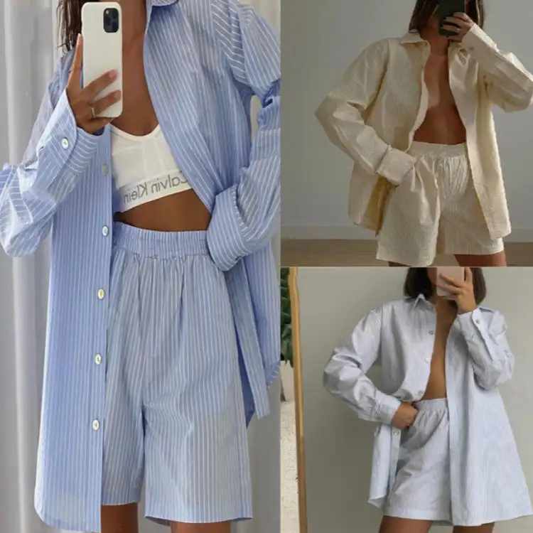 Casual Striped Long Sleeved Shirt Top Wide Leg Pants Two-piece Loose High Waisted Shirt Shorts Set
Casual Striped Long Sleeved Shirt Top Wide Leg Pants Two-piece Loose High Waisted Shirt Shorts Set