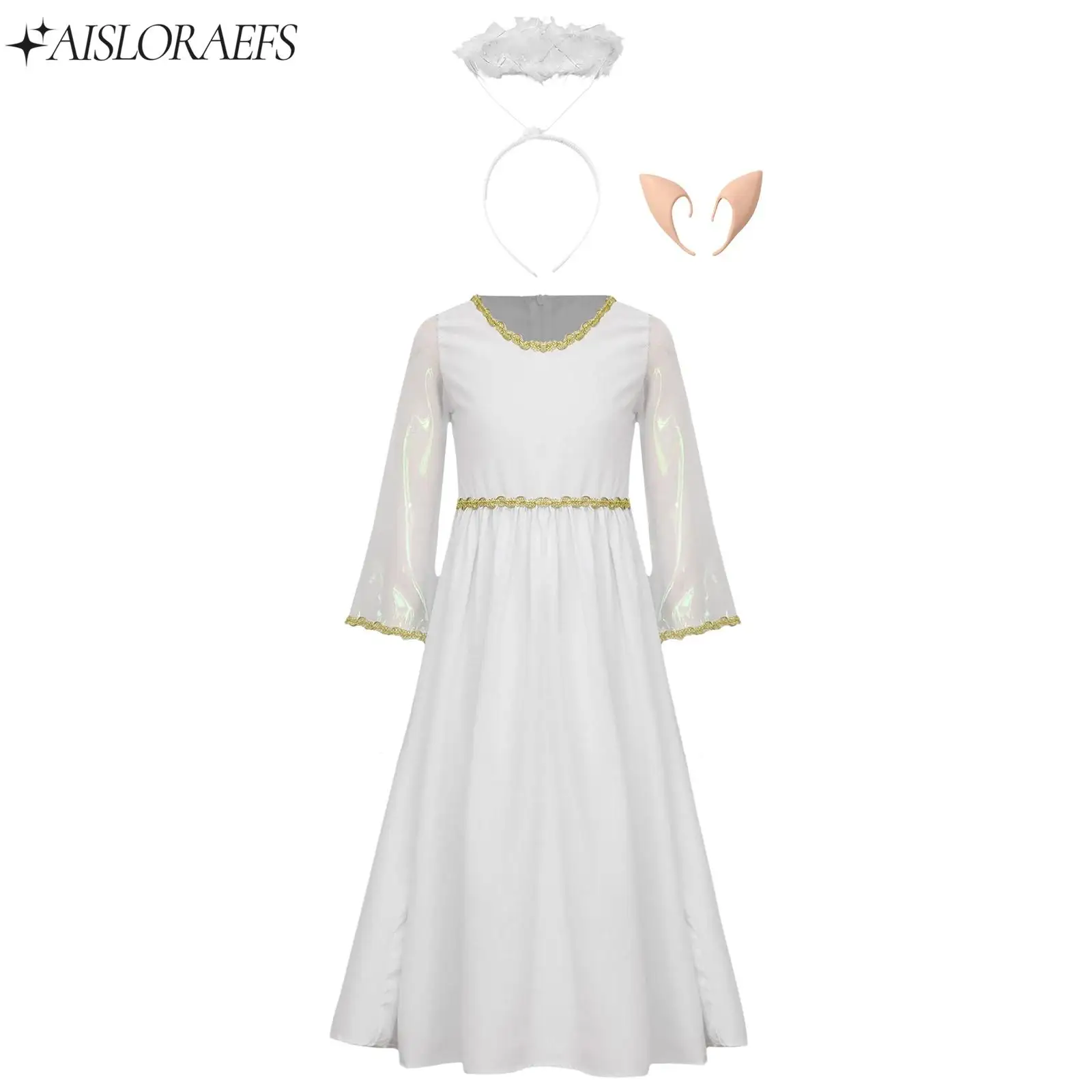 Girls Halloween Angel Cosplay Costume 3Pcs Long Sleeve Gold Trim Dress Rubber Elf Ears And Angel Hair Hoop Set Dress Up Costume
Girls Halloween Angel Cosplay Costume 3Pcs Long Sleeve Gold Trim Dress Rubber Elf Ears And Angel Hair Hoop Set Dress Up Costume