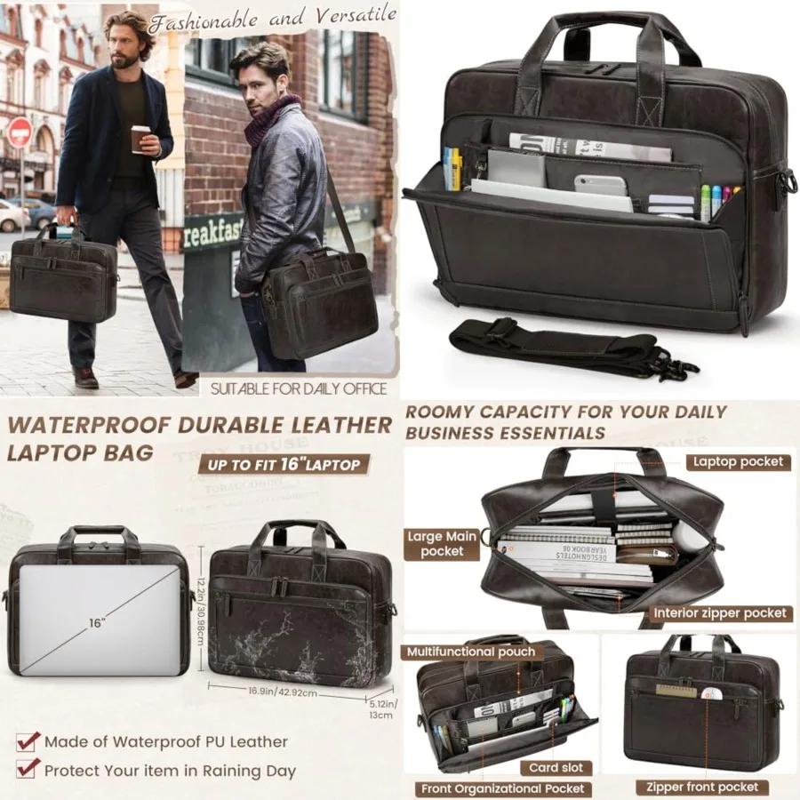 RAINSMORE Mens Laptop Bag 16 Inch Leather Briefcase Vintage Messenger Bag for Men Large Crossbody Shoulder Office Computer Bag
RAINSMORE Mens Laptop Bag 16 Inch Leather Briefcase Vintage Messenger Bag for Men Large Crossbody Shoulder Office Computer Bag