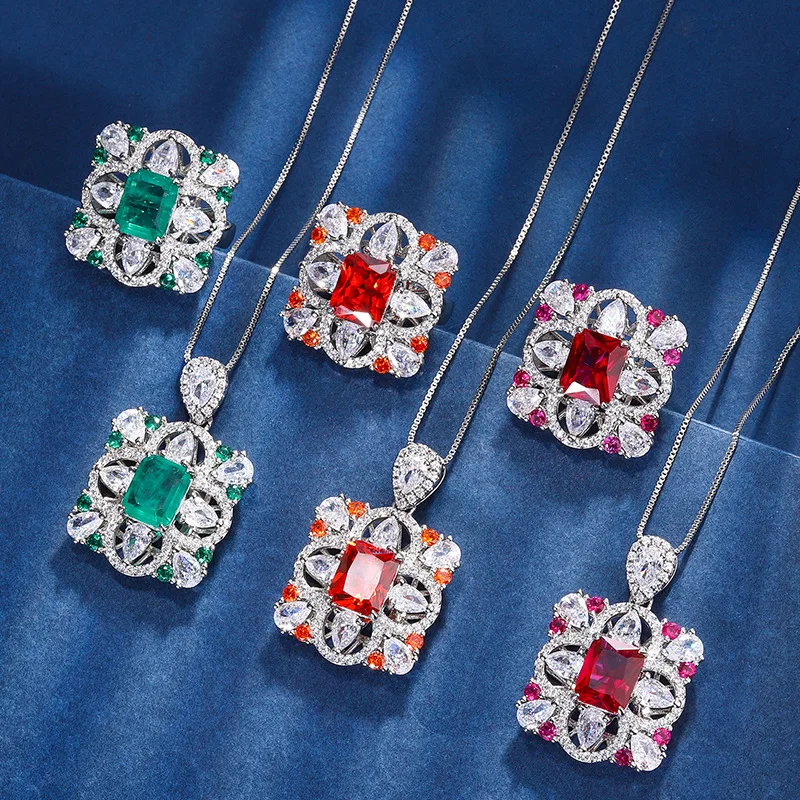 New European and American vintage gold-plated jewelry set with colored gemstones, rectangular colored diamond set with main ston
New European and American vintage gold-plated jewelry set with colored gemstones, rectangular colored diamond set with main ston