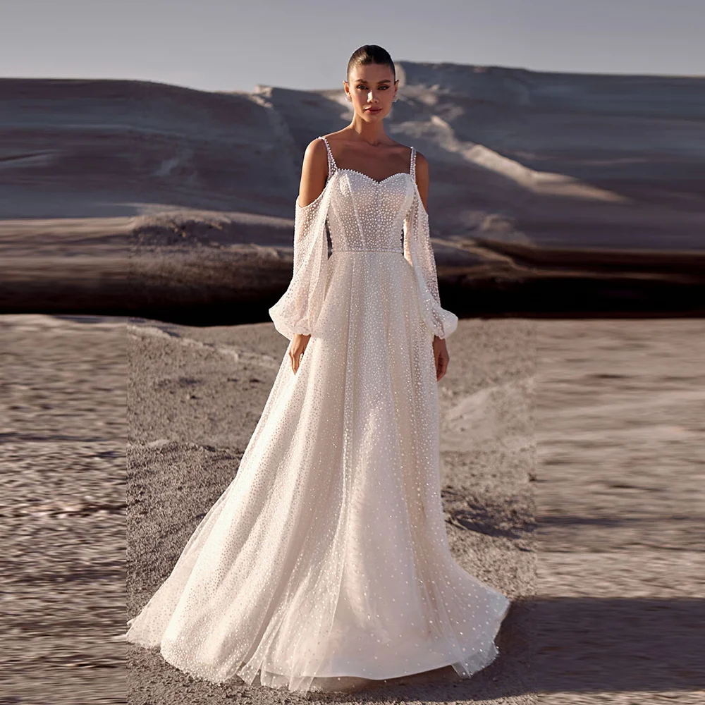 Customized Spaghetti Straps Sparkly Sequins Wedding Party Gown Long Puff Sleeve Button Court Wedding Dress
Customized Spaghetti Straps Sparkly Sequins Wedding Party Gown Long Puff Sleeve Button Court Wedding Dress