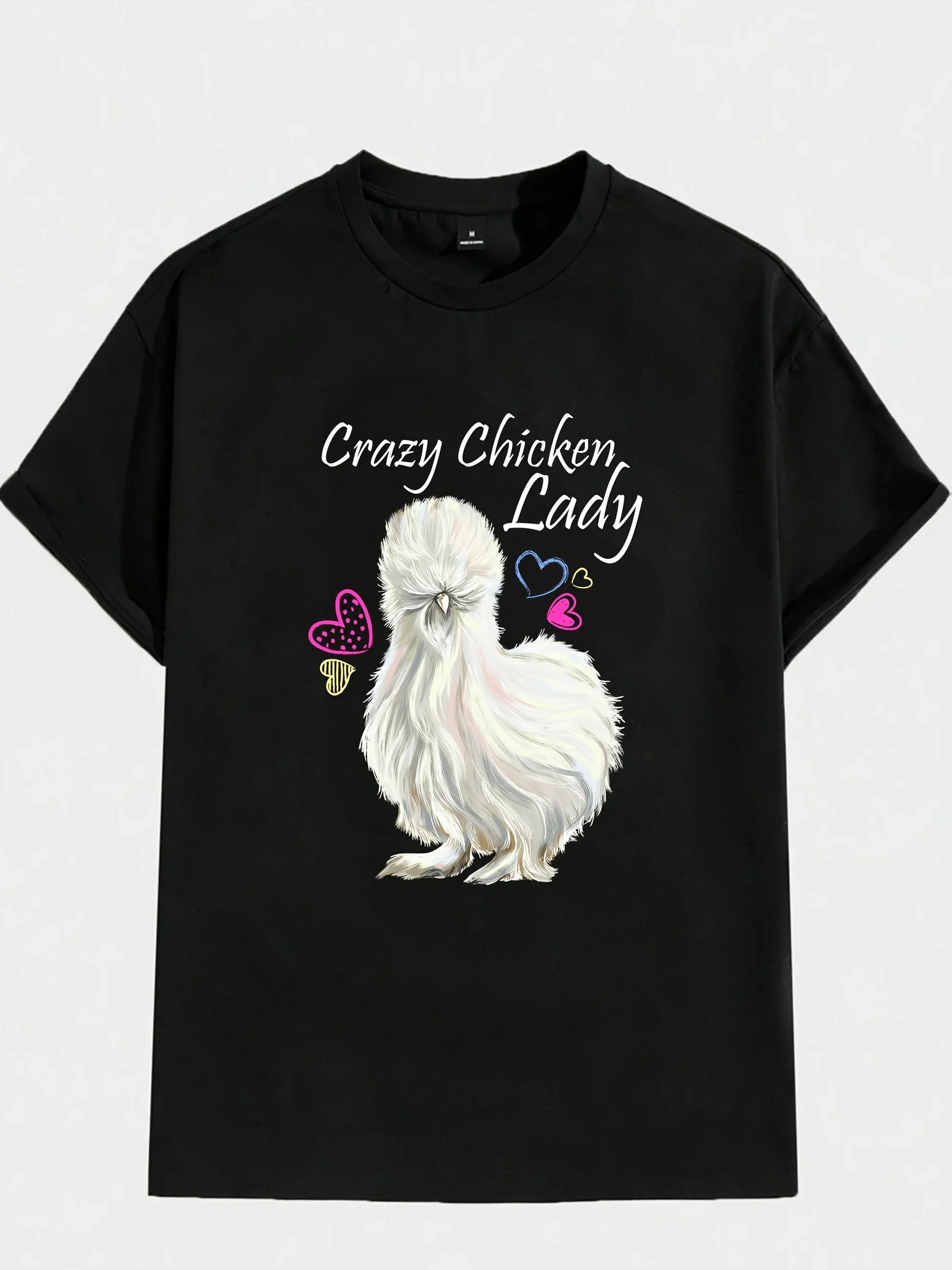 Women's Black Cotton T-Shirt with Crazy Chicken Lady Cartoon Print & Colorful Accents - Loose Fit Short Sleeve Round Neck Top
Women's Black Cotton T-Shirt with Crazy Chicken Lady Cartoon Print & Colorful Accents - Loose Fit Short Sleeve Round Neck Top