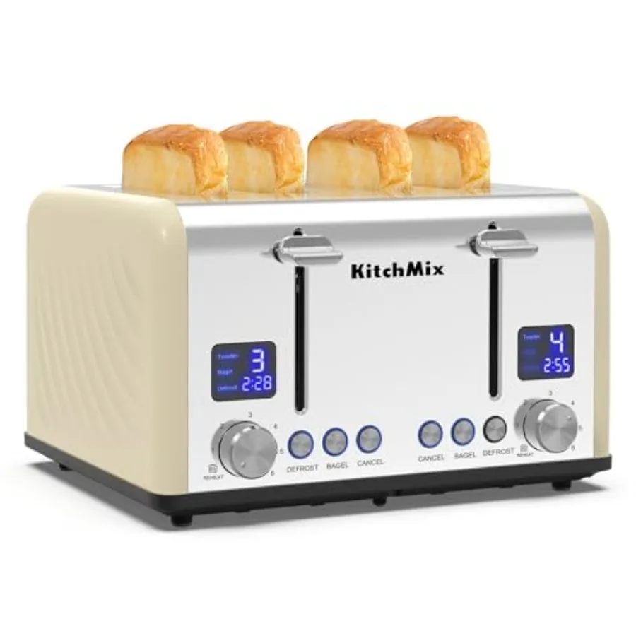 4-Slice Bagel Toaster with LCD Timer Extra Wide Slots Dual Screen Removable Crumb Tray in Cream Stainless Steel
4-Slice Bagel Toaster with LCD Timer Extra Wide Slots Dual Screen Removable Crumb Tray in Cream Stainless Steel