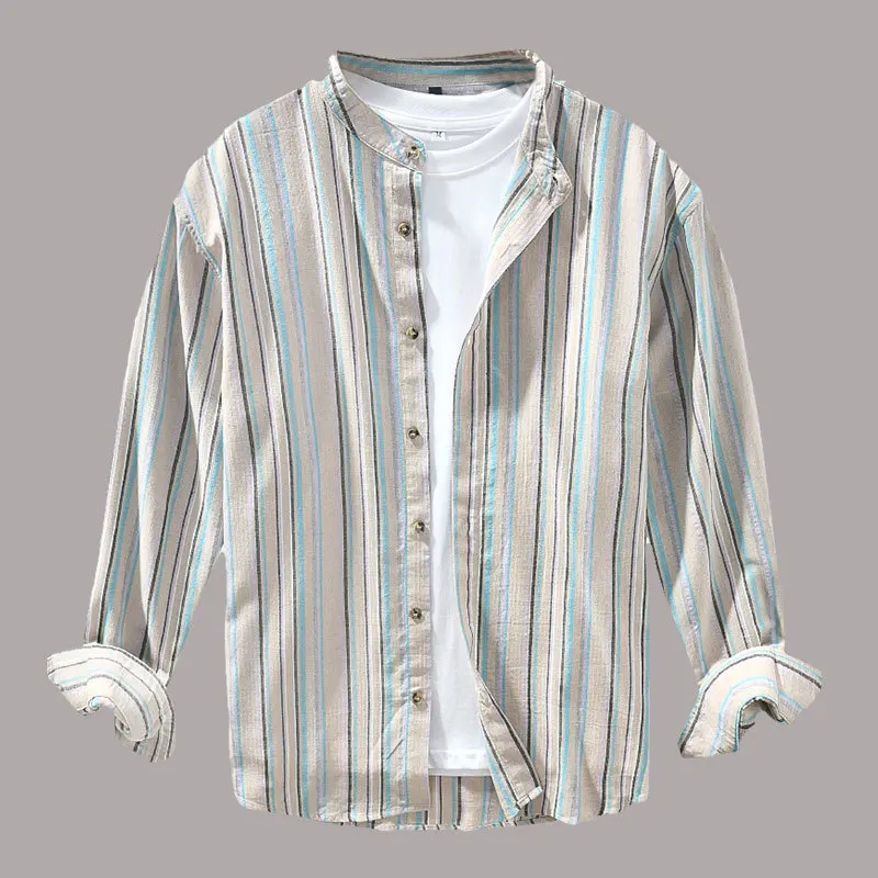 Japanese Styles Men's Stand Collar Striped Shirt Cotton Linen Fashionable Loose Fitting Casual Male Long Sleeve Button Up Shirt
Japanese Styles Men's Stand Collar Striped Shirt Cotton Linen Fashionable Loose Fitting Casual Male Long Sleeve Button Up Shirt