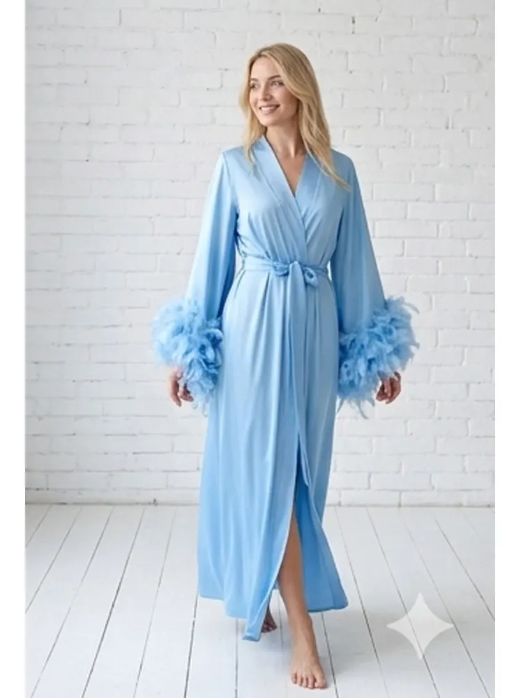 Sky Blue Feathered Bridal Robe Long Satin Dressing Gown for Bridesmaid Getting-Ready Robe Wedding Bridal Lingerie Soft for Women
Sky Blue Feathered Bridal Robe Long Satin Dressing Gown for Bridesmaid Getting-Ready Robe Wedding Bridal Lingerie Soft for Women