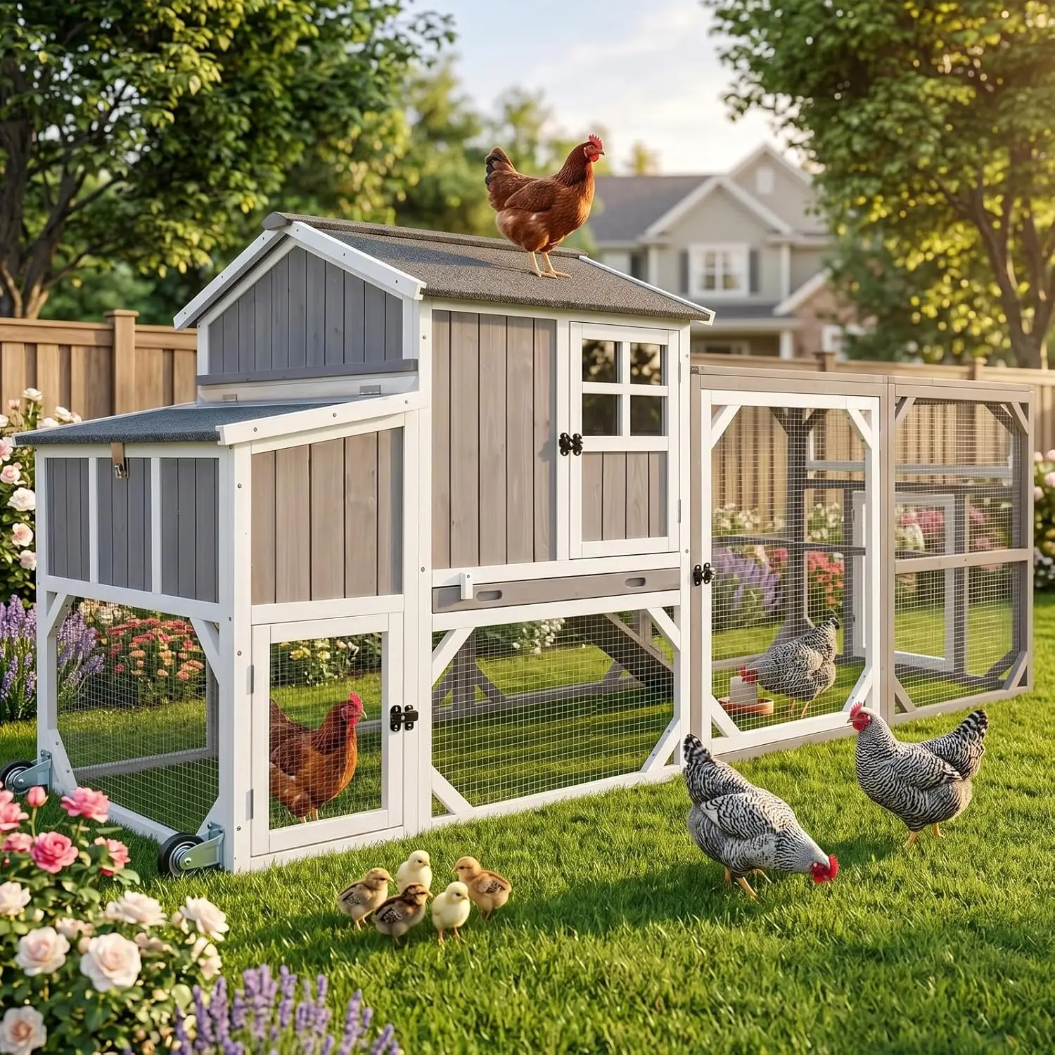 Large Wooden Chicken Coop with Run Wheels 95in UV Roof Nesting Box Pull Tray Predator Mesh for 3-6 Hens Yard Farm Custom
Large Wooden Chicken Coop with Run Wheels 95in UV Roof Nesting Box Pull Tray Predator Mesh for 3-6 Hens Yard Farm Custom