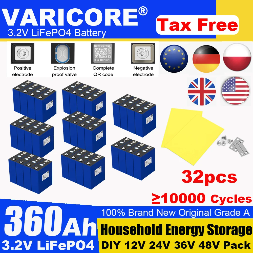 32pcs 3.2V 360Ah LiFePO4 Battery Lithium Iron Phosphate for 12v 24v 36V 48V Travel Solar Campers Golf Cart Yacht Tax Free
32pcs 3.2V 360Ah LiFePO4 Battery Lithium Iron Phosphate for 12v 24v 36V 48V Travel Solar Campers Golf Cart Yacht Tax Free