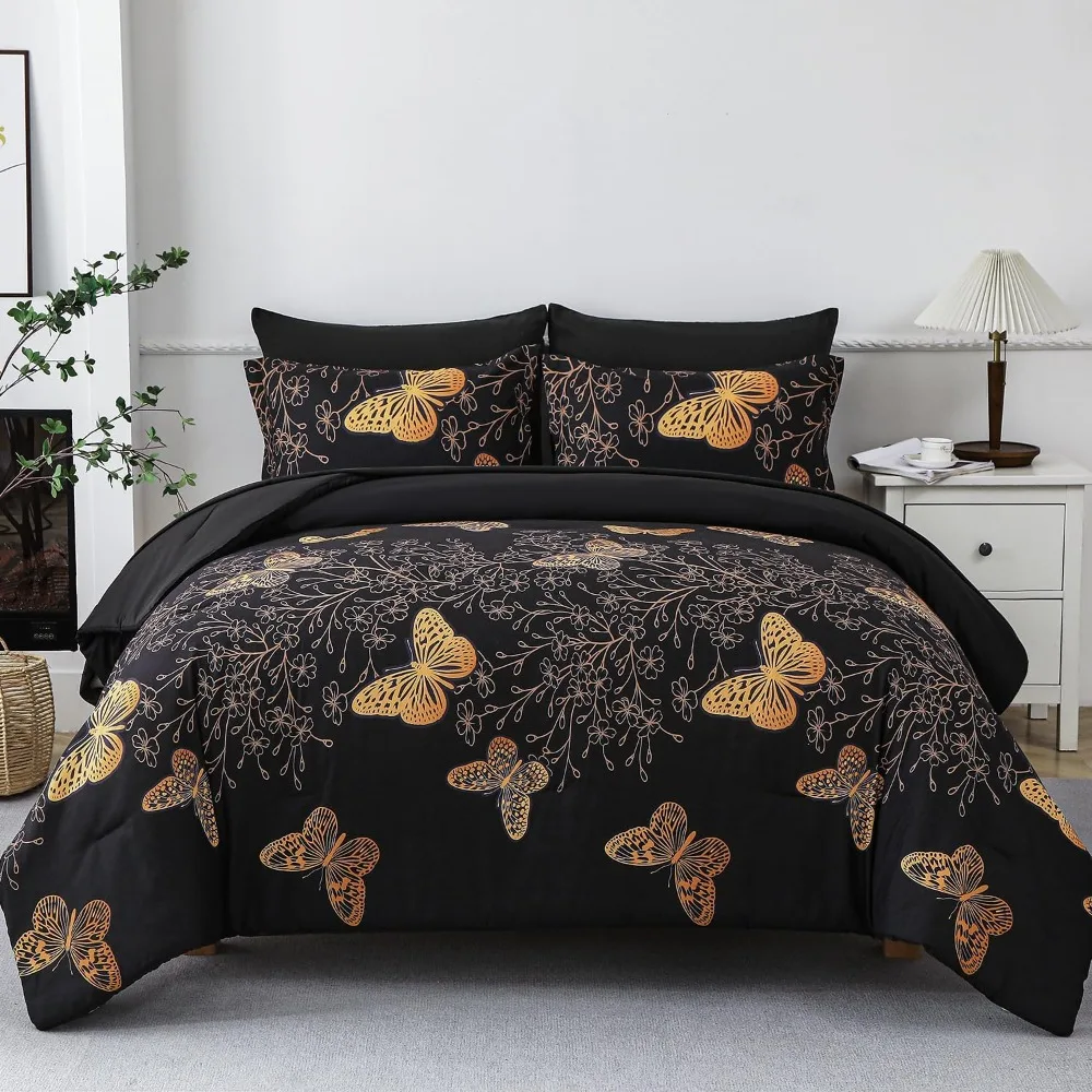 7 Piece Bed in a Bag King Size Comforter Set Black Bedding,Gold Butterfly Leaves Printed on Black Reversible Duvet Cover Set
7 Piece Bed in a Bag King Size Comforter Set Black Bedding,Gold Butterfly Leaves Printed on Black Reversible Duvet Cover Set