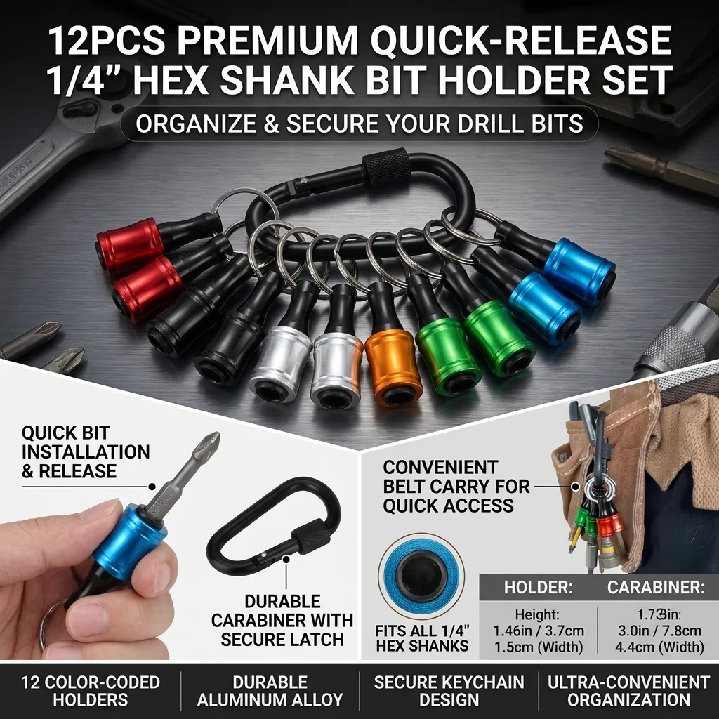 12Pack 1/4 Inch Hex Shank Bit Holder with Quick Release Keychain, Aluminum Alloy Drill Bit and Single Drive Socket Holder Clip,
12Pack 1/4 Inch Hex Shank Bit Holder with Quick Release Keychain, Aluminum Alloy Drill Bit and Single Drive Socket Holder Clip,