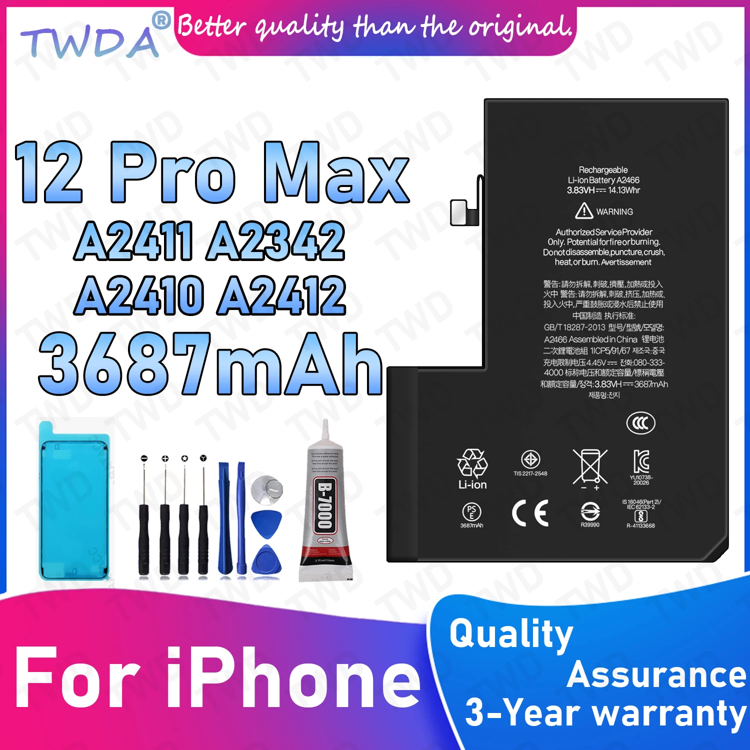 A2466 Large capacity 3687mAh Battery For iPhone 12 Pro Max/A2411/A2342/A2410/A2412 Batteries New High Quanlity+Free Tools
A2466 Large capacity 3687mAh Battery For iPhone 12 Pro Max/A2411/A2342/A2410/A2412 Batteries New High Quanlity+Free Tools