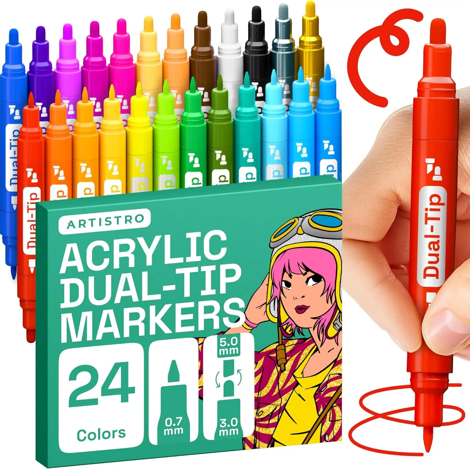 24 Dual-Tip Acrylic Paint Markers: Medium + Fine Tip Combo - 22 Bright Colors + 2 Metallic Chrome
24 Dual-Tip Acrylic Paint Markers: Medium + Fine Tip Combo - 22 Bright Colors + 2 Metallic Chrome