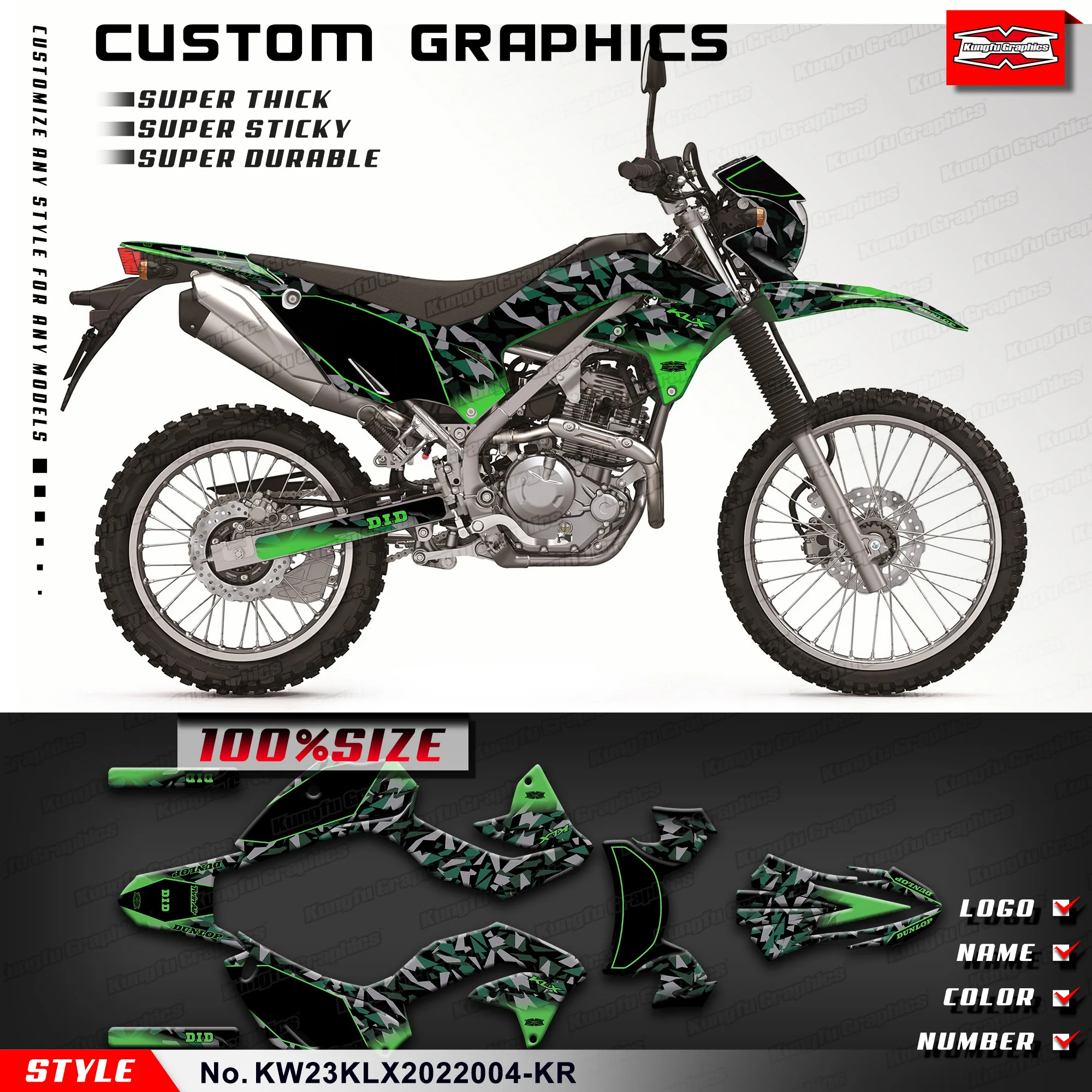 KUNGFU GRAPHICS Adhesive Sticker Vinyl Graphics Kit for Kawasaki KLX230 2020 2021 2022, KW23KLX2022004-KR
KUNGFU GRAPHICS Adhesive Sticker Vinyl Graphics Kit for Kawasaki KLX230 2020 2021 2022, KW23KLX2022004-KR