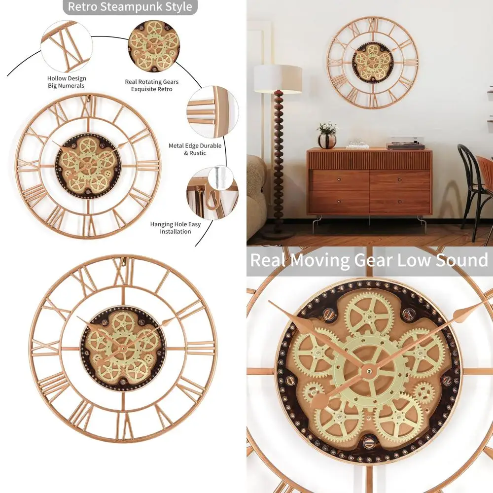 24 Inch Vintage Wall Clock with Moving Gears, Rustic Metal Analog for Steampunk Home Decor, Battery-Powered Oversized Clocks
24 Inch Vintage Wall Clock with Moving Gears, Rustic Metal Analog for Steampunk Home Decor, Battery-Powered Oversized Clocks