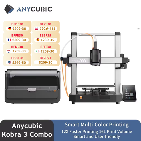 ANYCUBIC Kobra 3 Combo AE Versione Stampante 3D FDM multicolore Velocità di stampa massima 600 mm/s Dimensioni di costruzione 250x250x260mm
