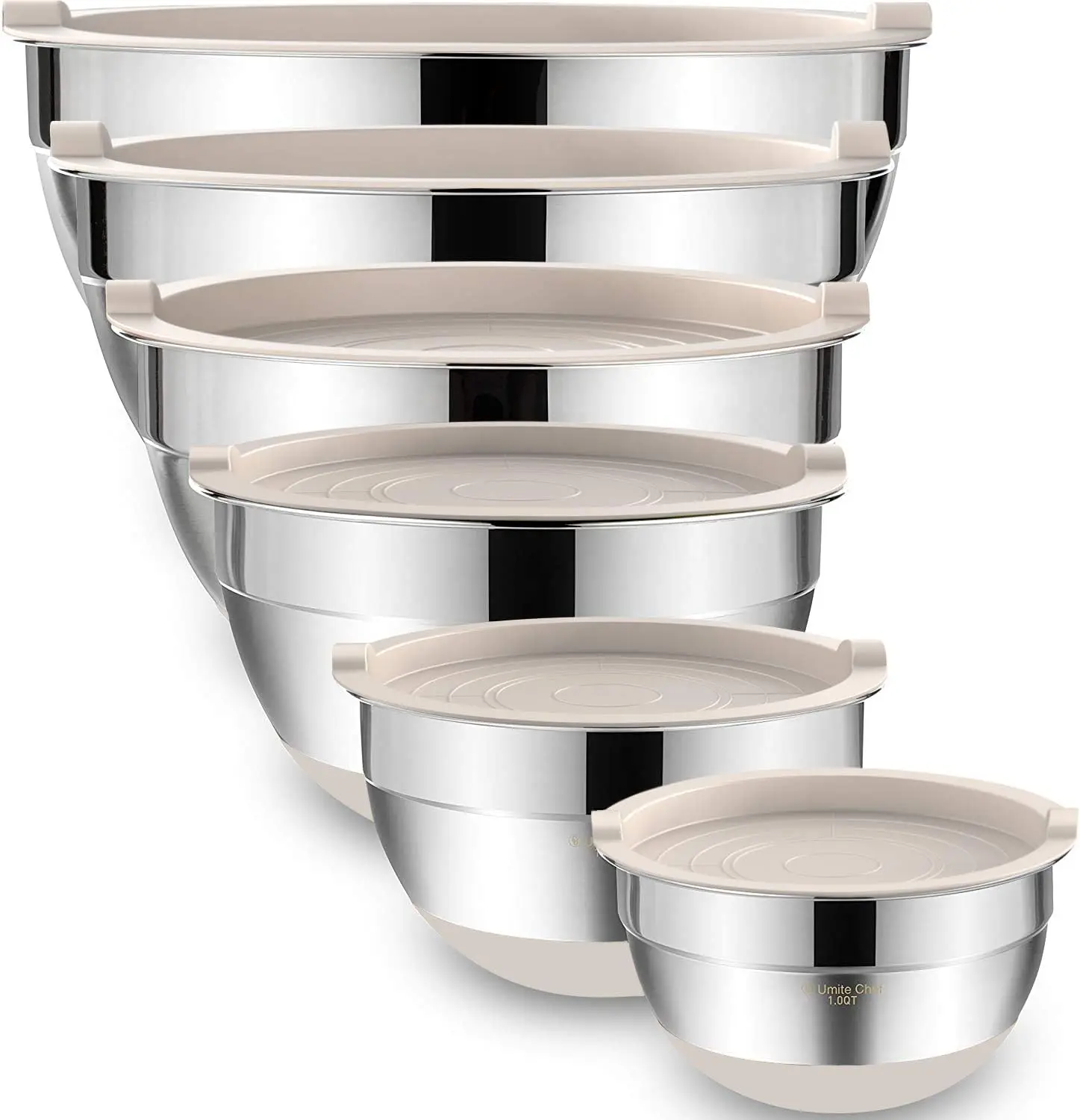 6-Piece Stainless Steel Mixing Bowls with Airtight Lids, Non-Slip Bottoms, 1.5-7QT, Nesting Storage, Khaki
6-Piece Stainless Steel Mixing Bowls with Airtight Lids, Non-Slip Bottoms, 1.5-7QT, Nesting Storage, Khaki