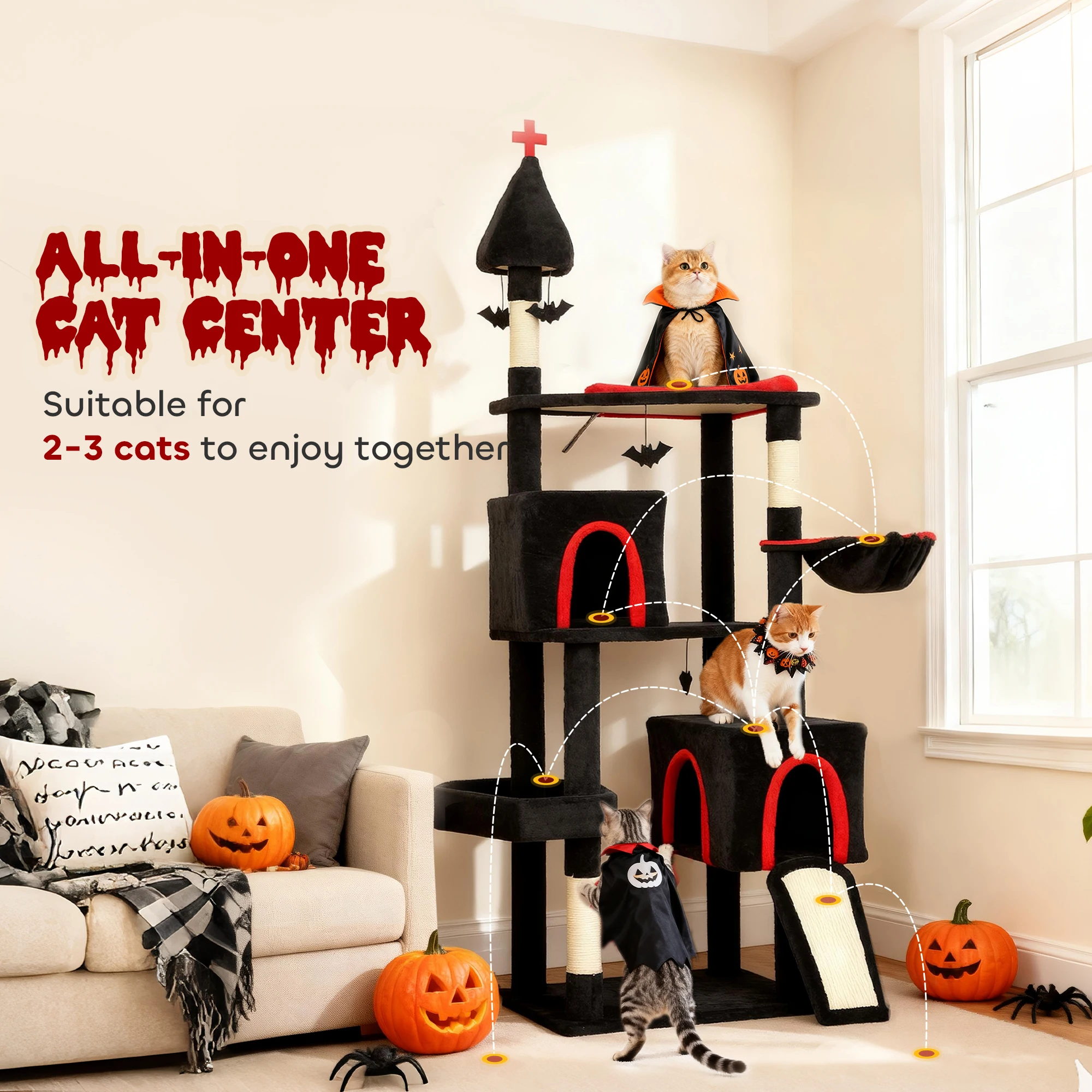 78" Gothic Cat Tree, Cat Tower with Coffin Bed, 2 Spacious Condos, Sisal Scratching Posts, Bat Hanging Balls, Halloween
78" Gothic Cat Tree, Cat Tower with Coffin Bed, 2 Spacious Condos, Sisal Scratching Posts, Bat Hanging Balls, Halloween