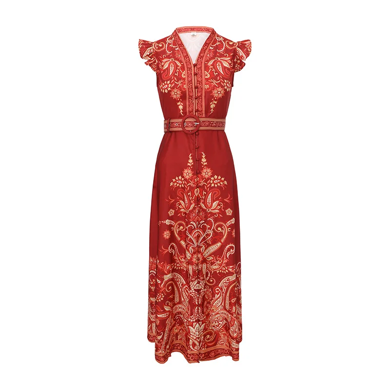 Women's Summer Vintage Paisley Print Dress V-Neck Ruffle Flying Sleeve Single-Breasted Belt Long Holiday Vestidos
Women's Summer Vintage Paisley Print Dress V-Neck Ruffle Flying Sleeve Single-Breasted Belt Long Holiday Vestidos