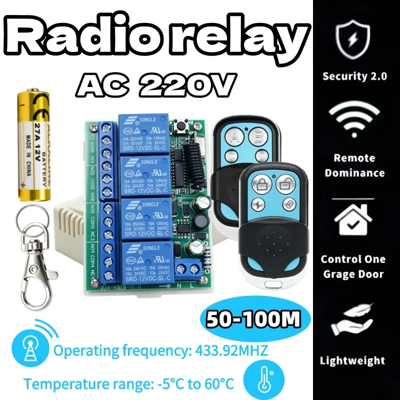 433MHz 4CH Universal RF Remote Switch, AC110/220V Relay Receiver, 60m Distance for LED, Motor, Lamp, Garage Door, Fan
433MHz 4CH Universal RF Remote Switch, AC110/220V Relay Receiver, 60m Distance for LED, Motor, Lamp, Garage Door, Fan