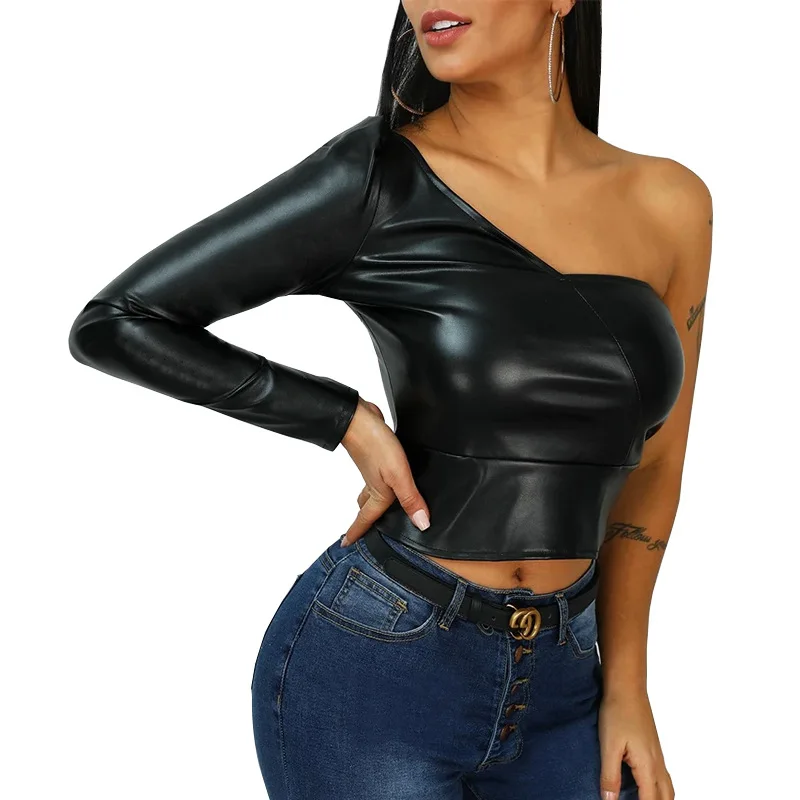 Sexy One Shoulder Crop Top T Shirt Women PU Leather Diagonal Collar Long Sleeve Tshirt Slim Casual Basic Black Bodycon Tees Tops
Sexy One Shoulder Crop Top T Shirt Women PU Leather Diagonal Collar Long Sleeve Tshirt Slim Casual Basic Black Bodycon Tees Tops