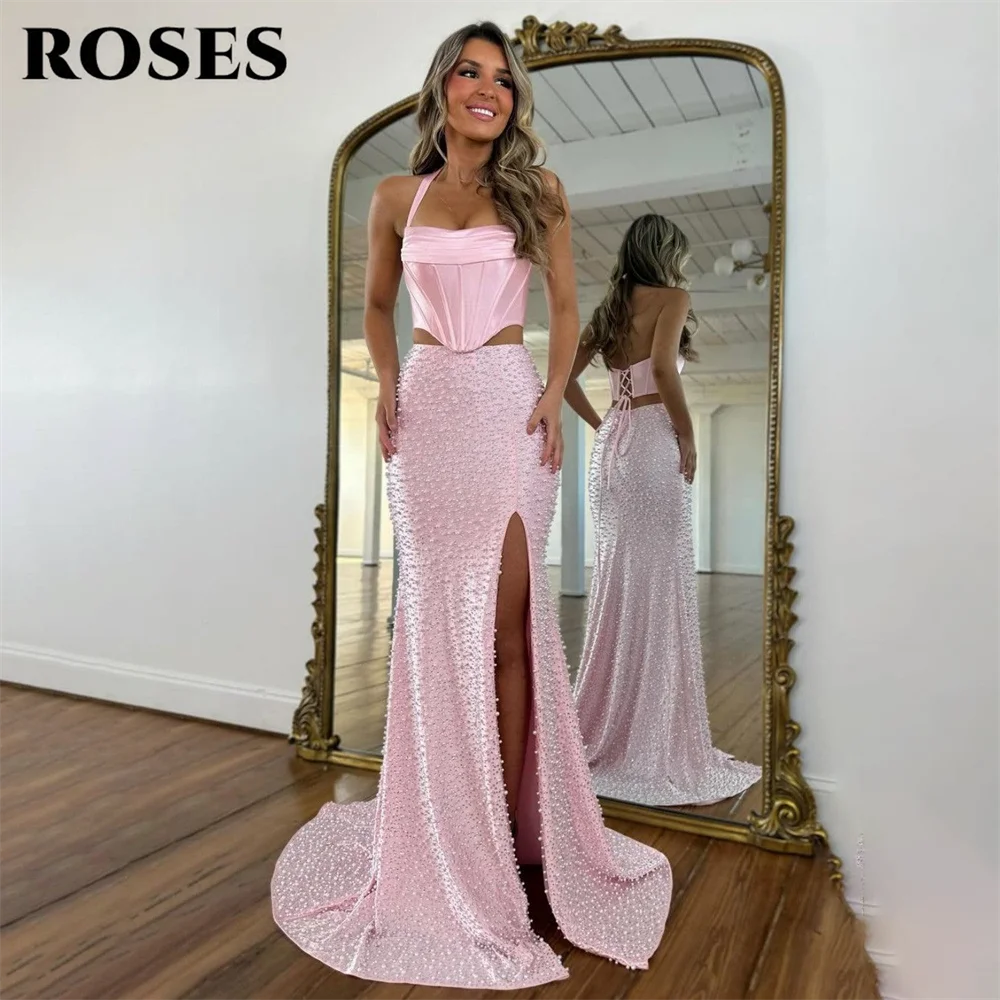 ROSES Pink Halter Evening Dresses Two Piece Satin Gala Dress with Pearls Mermaid Prom Dress Lace Up Back Party Dress Customized
ROSES Pink Halter Evening Dresses Two Piece Satin Gala Dress with Pearls Mermaid Prom Dress Lace Up Back Party Dress Customized
