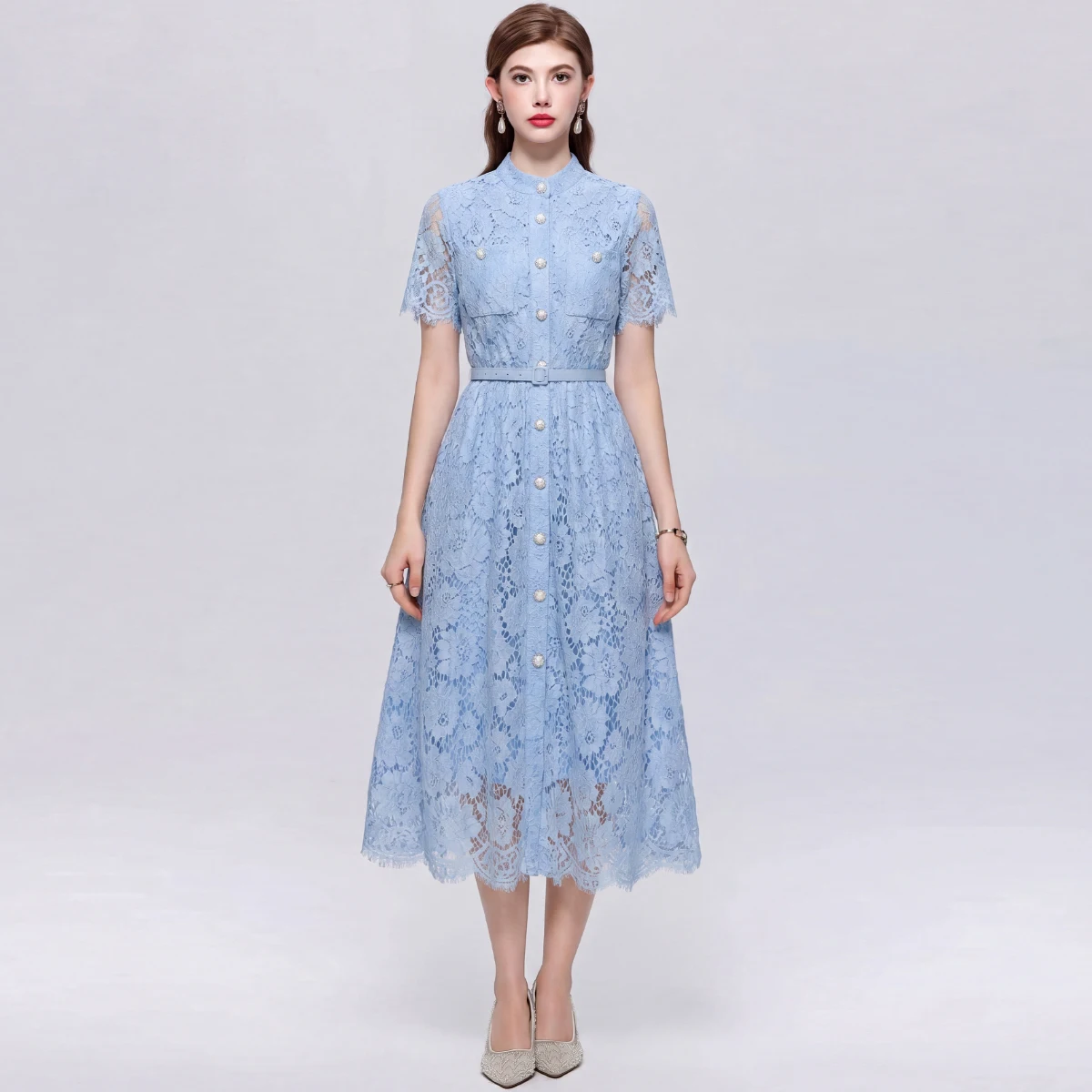 Elegant Light Blue Lace Dress Women Short Sleeve Stand Collar Midi Dress with Belt A-Line Party Cocktail Dress Lady Formal Wear
Elegant Light Blue Lace Dress Women Short Sleeve Stand Collar Midi Dress with Belt A-Line Party Cocktail Dress Lady Formal Wear