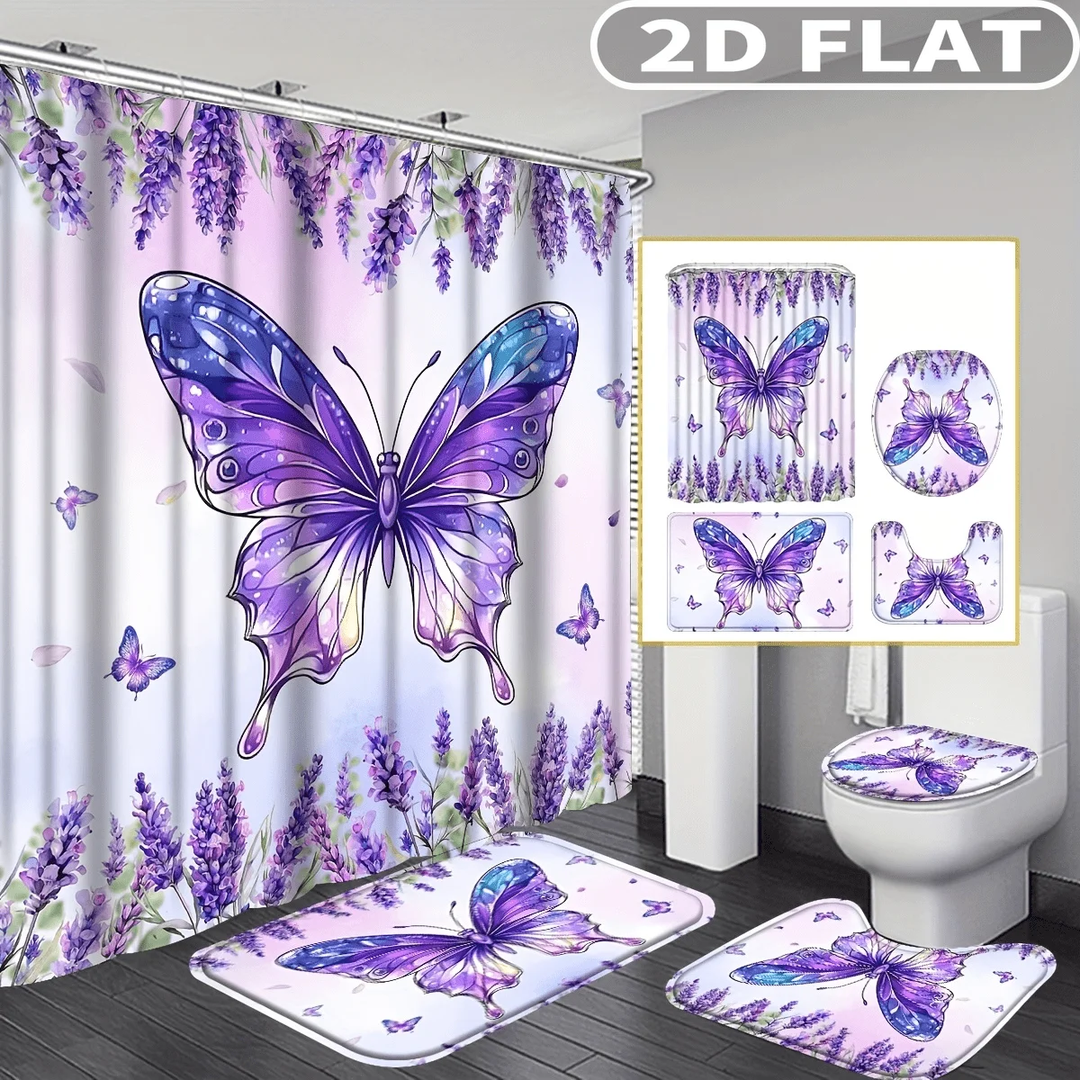 4pcs 2D FLAT Purple Butterfly Lavender Floral Pattern Shower Curtain Set, with 3pc Bath Mat and 1pc Curtains Perfect for Home
4pcs 2D FLAT Purple Butterfly Lavender Floral Pattern Shower Curtain Set, with 3pc Bath Mat and 1pc Curtains Perfect for Home