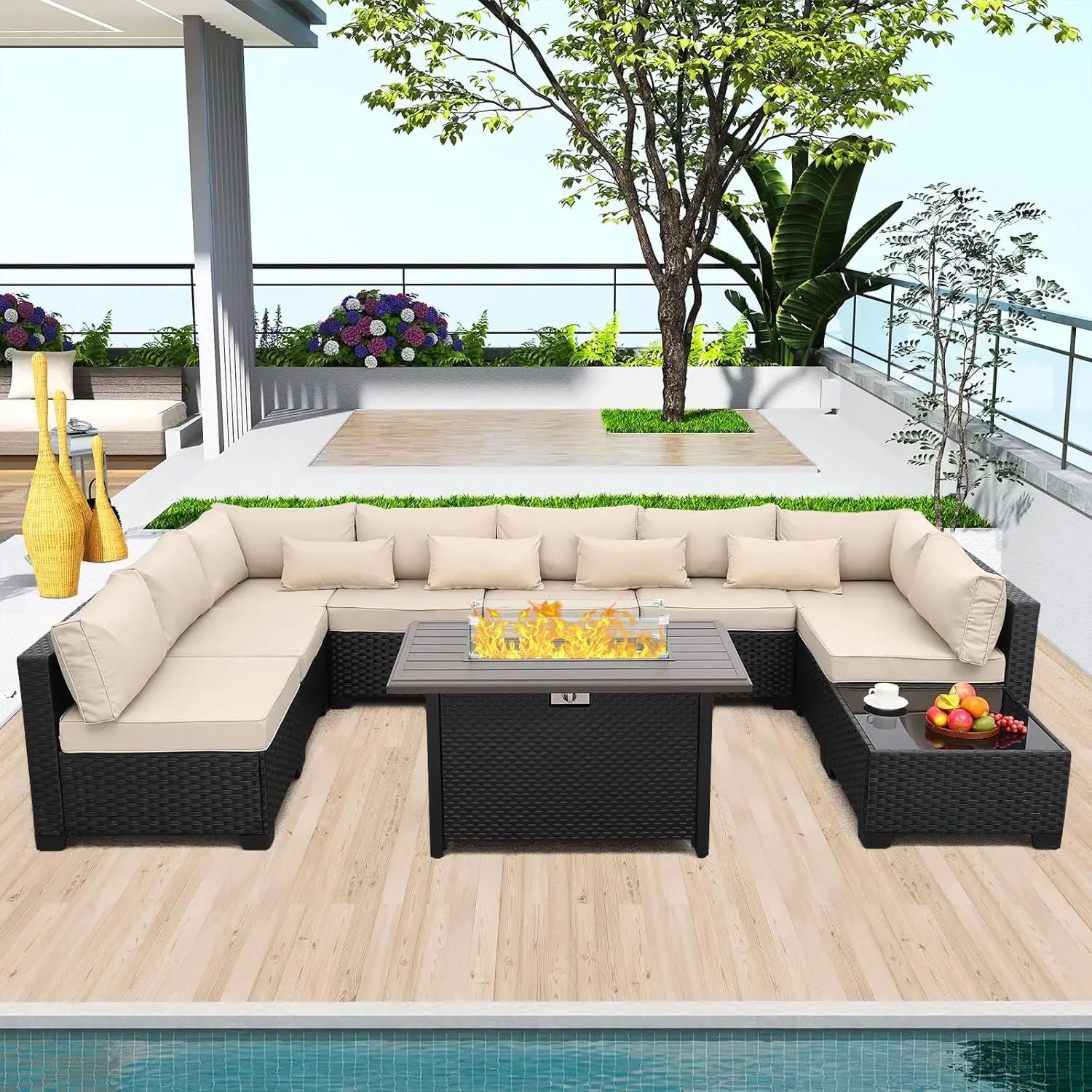 10 Pieces Outdoor Sectional All-Weather Wicker Patio Furniture Set Patio Sectional and Steel Fire Table and Glass Patio, Custom
10 Pieces Outdoor Sectional All-Weather Wicker Patio Furniture Set Patio Sectional and Steel Fire Table and Glass Patio, Custom