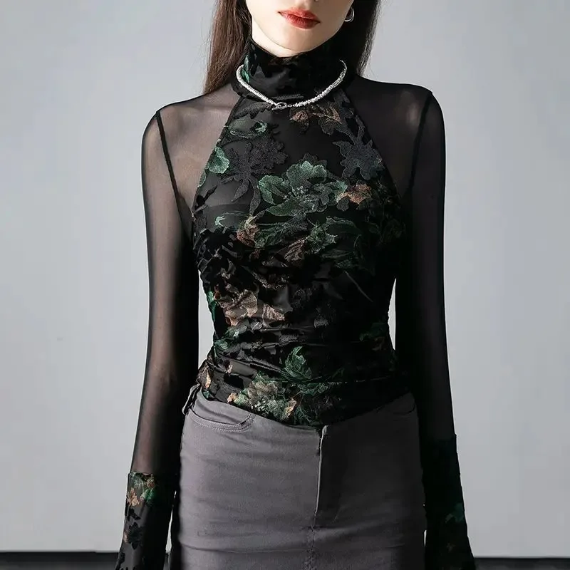 Полупрозрачная водолазка с принтом в стиле ретро, женская весенне-осенняя тонкая футболка с длинными рукавами, сетчатый кружевной топ
Полупрозрачная водолазка с принтом в стиле ретро, женская весенне-осенняя тонкая футболка с длинными рукавами, сетчатый кружевной топ