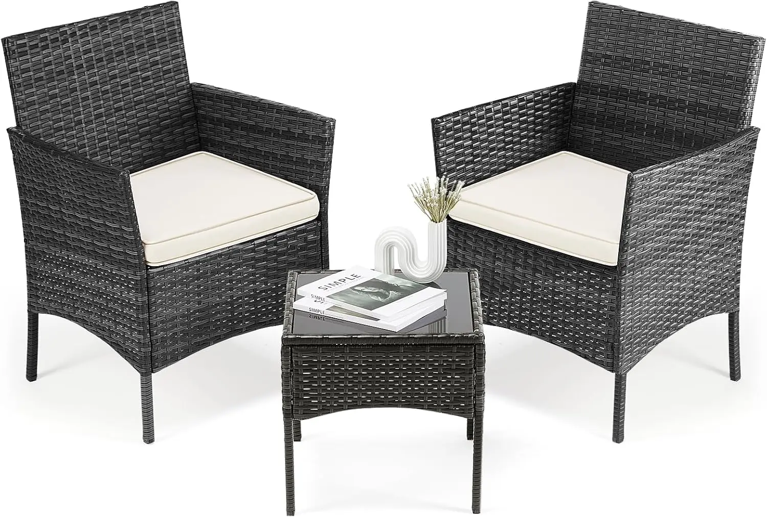 Patio Furniture Set. 3 Pieces. Outdoor. Soft Cushion. Glass Table. All Weather Wicker Rattan Chairs. Black.
Patio Furniture Set. 3 Pieces. Outdoor. Soft Cushion. Glass Table. All Weather Wicker Rattan Chairs. Black.