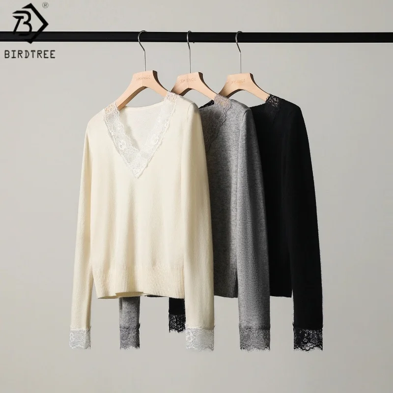 Birdtree,90%Sheep Wool 10%Cashmere Knitted Undershirt,Women Lace V-neck Full Sleeve Sweater,2025 Autumn/Winter Pullover T5O634JF
Birdtree,90%Sheep Wool 10%Cashmere Knitted Undershirt,Women Lace V-neck Full Sleeve Sweater,2025 Autumn/Winter Pullover T5O634JF