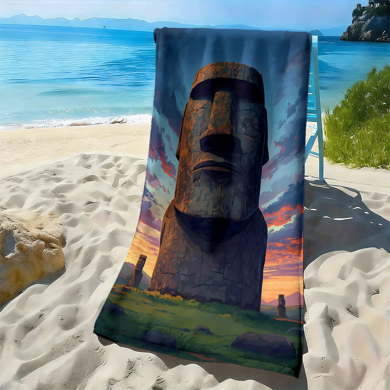 Maori stone statue patterns polyester microfiber beach towel is highly absorbent, suitable for swimming and beach outings
Maori stone statue patterns polyester microfiber beach towel is highly absorbent, suitable for swimming and beach outings