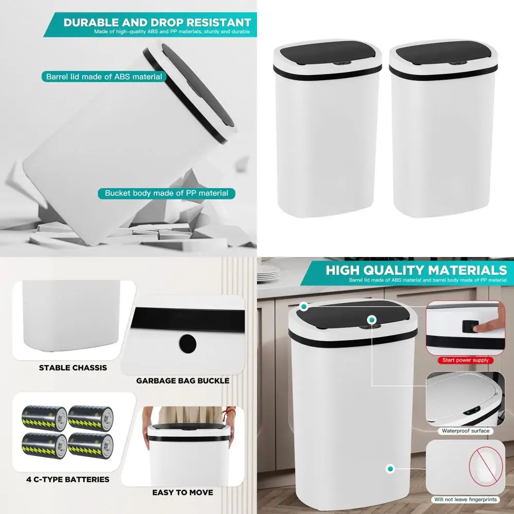 13 Gallon White Automatic Touch Lid Trash Can with Motion Sensor, Waterproof for Kitchen, Home, and Bathroom - Pack of 2
13 Gallon White Automatic Touch Lid Trash Can with Motion Sensor, Waterproof for Kitchen, Home, and Bathroom - Pack of 2
