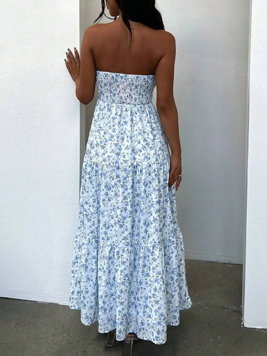 Light Blue Floral Smocked Strapless Maxi Dress With Tiered Flowy Skirt For Summer Beach Or Garden Party Wear
Light Blue Floral Smocked Strapless Maxi Dress With Tiered Flowy Skirt For Summer Beach Or Garden Party Wear