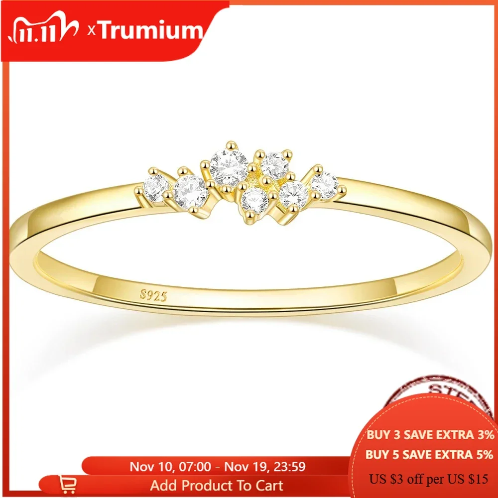 Trumium 1.5mm 925 Sterling Silver 14K Gold Plated CZ Wedding Band Dainty Stackable Cubic Zirconia Engagement Rings for for Women