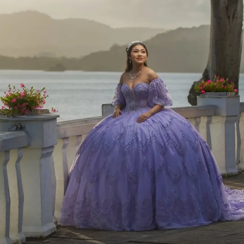 Purple Quinceanera Dress Crystal Sequins Decal Lace Flower Long tail Bow vestidos de 15 Quinceanera Customized
Purple Quinceanera Dress Crystal Sequins Decal Lace Flower Long tail Bow vestidos de 15 Quinceanera Customized