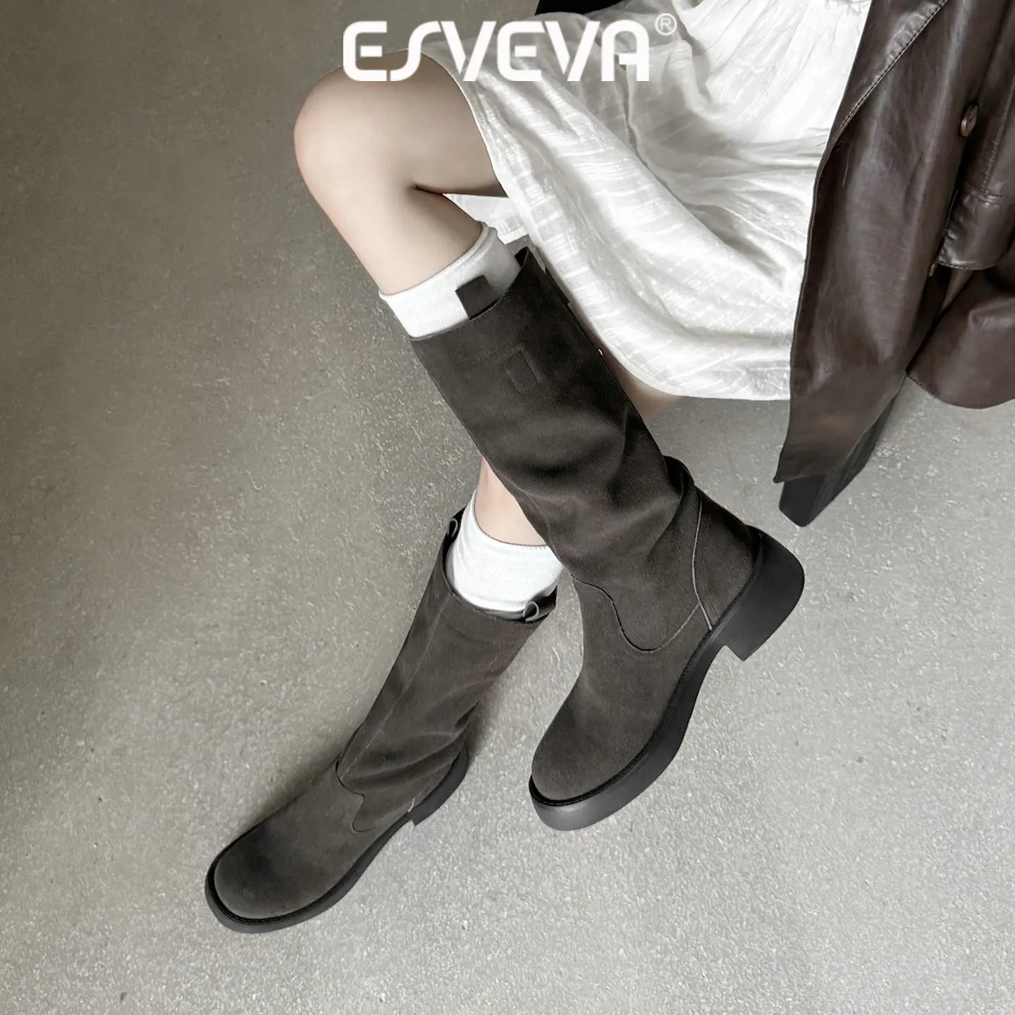 ESVEVA 2027 News Women Knee High Boots Winter Woman Shoes Cow Suede Round Toe Flats Heel Casual Autumn Western Long Boots 34-42
ESVEVA 2027 News Women Knee High Boots Winter Woman Shoes Cow Suede Round Toe Flats Heel Casual Autumn Western Long Boots 34-42