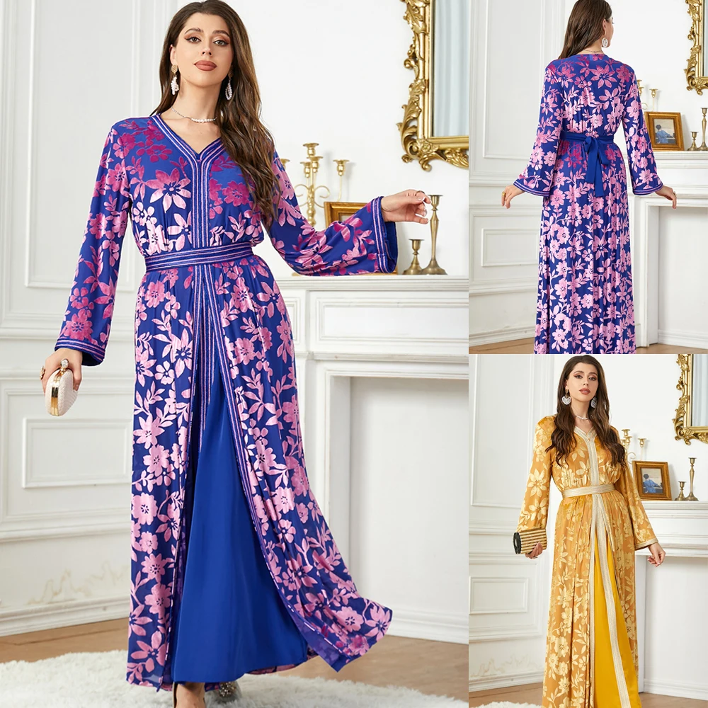 Party Evening Abaya Set for Women Velvet Modest Muslim Ramadan Two Pieces Dress Set Moroccan Dubai Kaftan Floral Print Dress
Party Evening Abaya Set for Women Velvet Modest Muslim Ramadan Two Pieces Dress Set Moroccan Dubai Kaftan Floral Print Dress