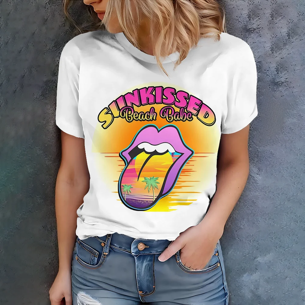 Women's White T-Shirt With Sunkissed Beach Babe Lip Art Print Casual Summer Style Round Neck Short Sleeve Top For Daily Wear
Women's White T-Shirt With Sunkissed Beach Babe Lip Art Print Casual Summer Style Round Neck Short Sleeve Top For Daily Wear