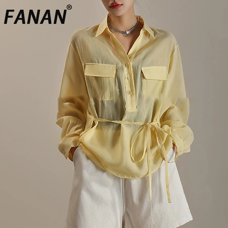FANAN Elegant Lace-up Gathered Waist Sunscreen Shirts For Women Lapel Pullover Blouses Fashion Loose Tops 2025 Summer New
FANAN Elegant Lace-up Gathered Waist Sunscreen Shirts For Women Lapel Pullover Blouses Fashion Loose Tops 2025 Summer New