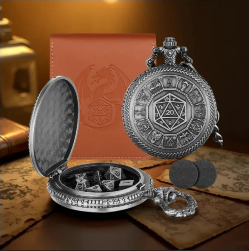 7Pcs/set Tiny Size Metal Polyhedral Dice Set with Central D20 Dice Pocket Watch Case Leather Pouch for RPG Table Board Games
7Pcs/set Tiny Size Metal Polyhedral Dice Set with Central D20 Dice Pocket Watch Case Leather Pouch for RPG Table Board Games