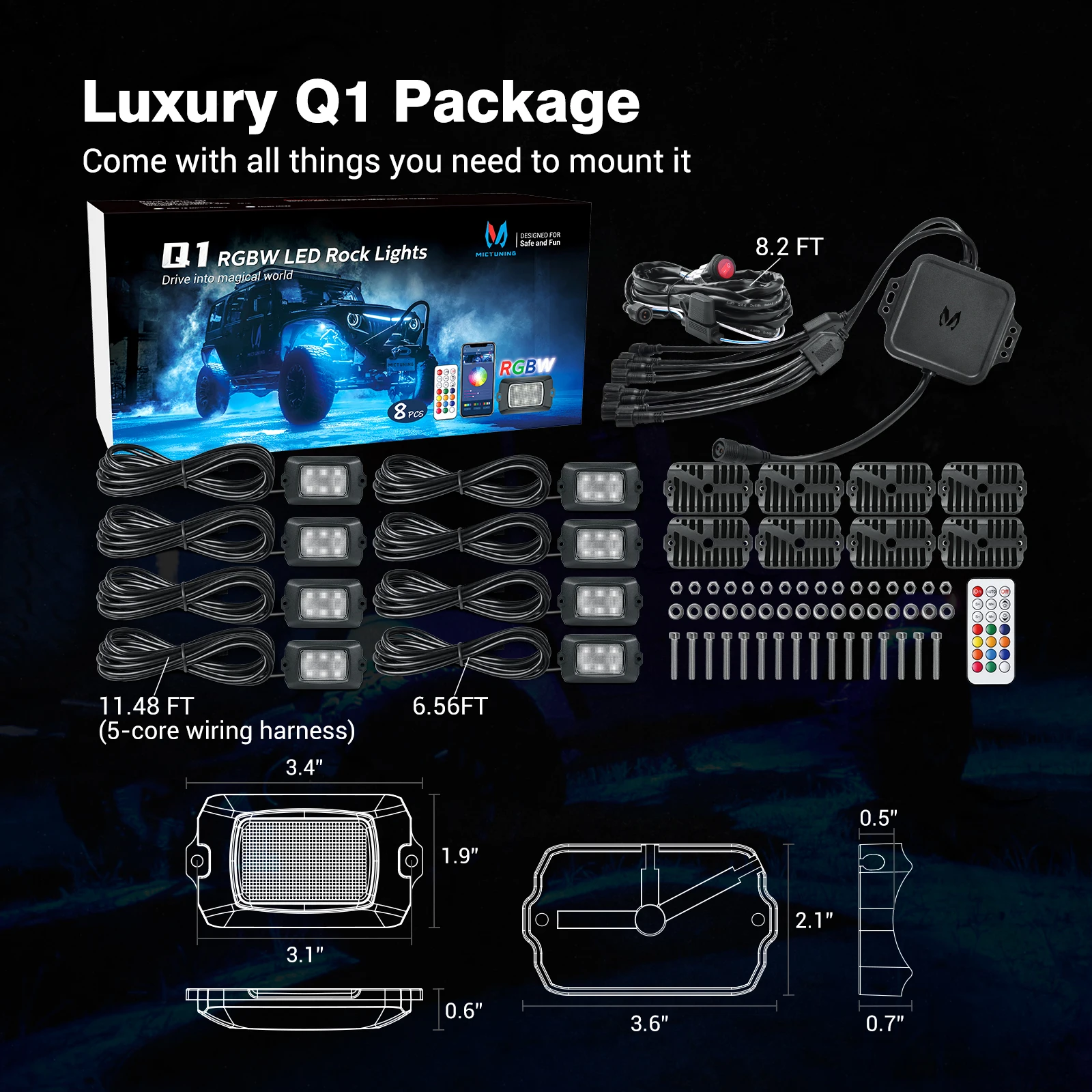 MICTUNING 8Pods RGBW LED Rock Lights Offroad Music Remote Control Underglow Neon Lights with Wiring Switch Kit IP68 Waterproof 
MICTUNING 8Pods RGBW LED Rock Lights Offroad Music Remote Control Underglow Neon Lights with Wiring Switch Kit IP68 Waterproof