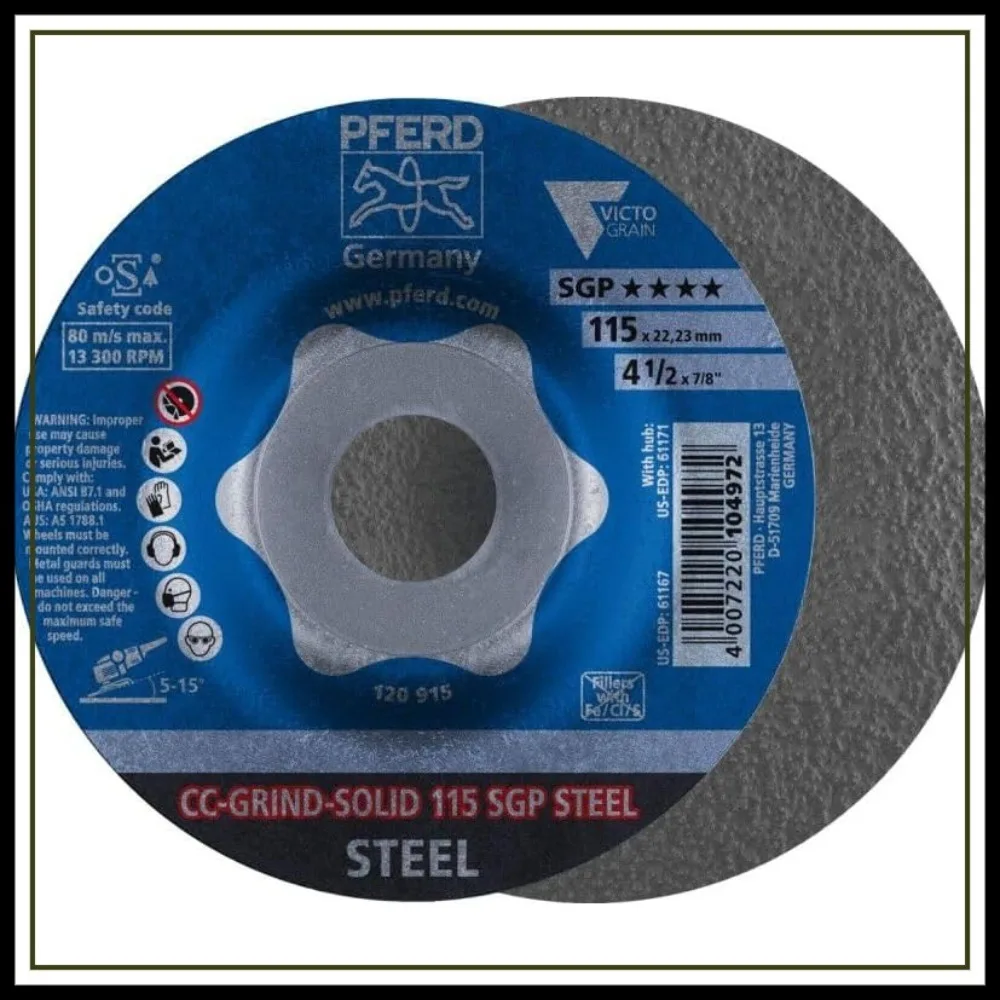 4-1/2 Inch Grinding Disc, 7/8 Arbor, Ceramic, Steel Grinding, Aggressive Cut, Low Vibration
4-1/2 Inch Grinding Disc, 7/8 Arbor, Ceramic, Steel Grinding, Aggressive Cut, Low Vibration