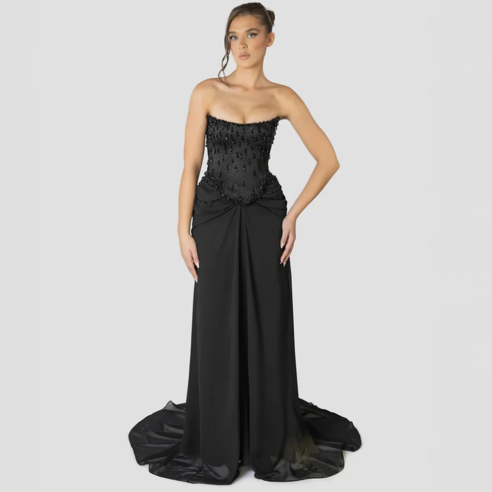 Black Strapless Sleeveless Evening Dress Customized High Quality Crystal Party Dresses Fashion Lace Up Back Straight Prom Dress
Black Strapless Sleeveless Evening Dress Customized High Quality Crystal Party Dresses Fashion Lace Up Back Straight Prom Dress