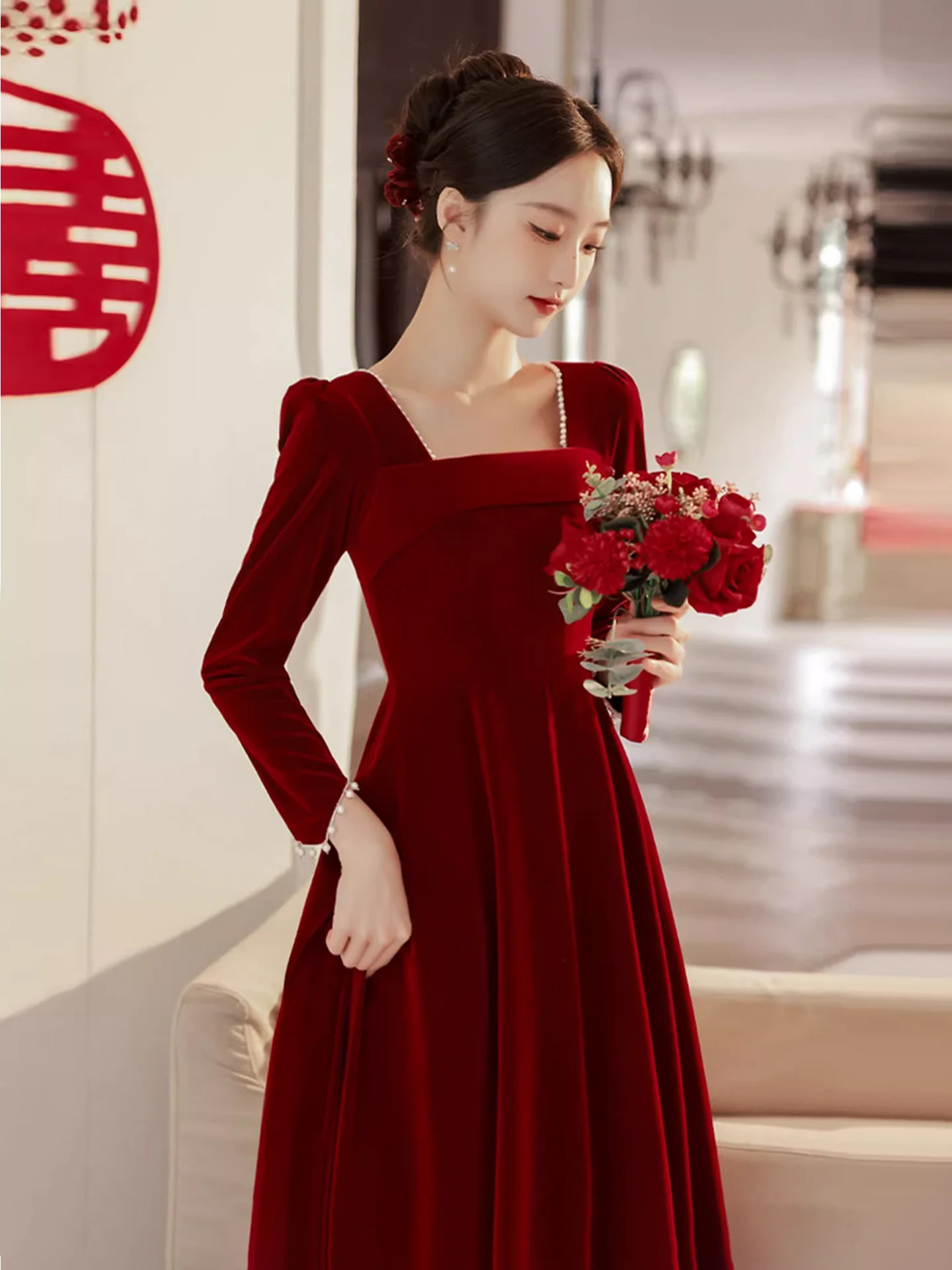 Wine Red Velvet Wedding Dr Korean Sle Long Sve A-Line Skirt Formal Evening Gown Slimming Autumn Winter Bridal Dr
Wine Red Velvet Wedding Dr Korean Sle Long Sve A-Line Skirt Formal Evening Gown Slimming Autumn Winter Bridal Dr
