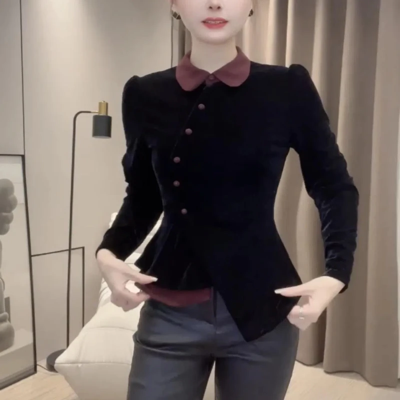 Высококачественная модная темпераментная осенне-зимняя новинка, облегающая рубашка в стиле богини для похудения, потрясающая бархатная базовая рубашка, верхняя тенденция